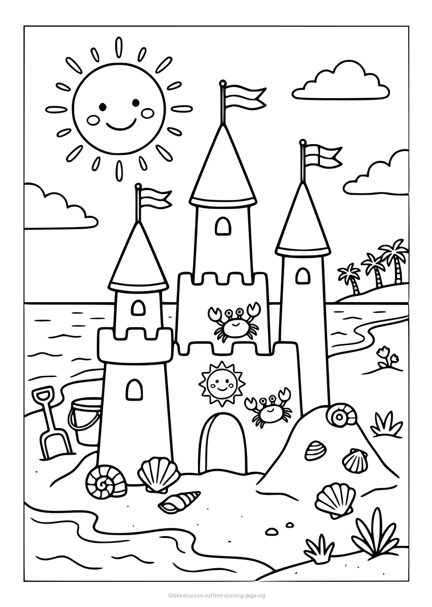 Colorido dibujo para colorear de un gran castillo de arena en una playa soleada, con cangrejos sonrientes, conchas marinas, pala y cubo.