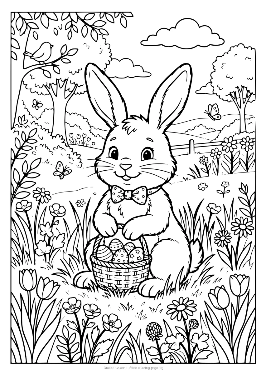 Simpático conejito de Pascua con pajarita y cesta de huevos decorados en un campo de flores primaveral.